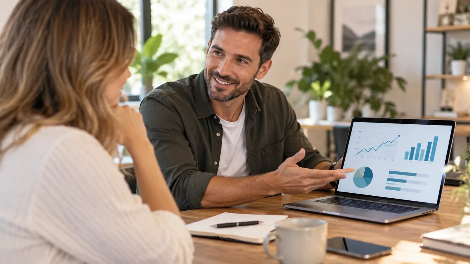 Digital marketing consultant presenting a campaign performance dashboard to a small business client