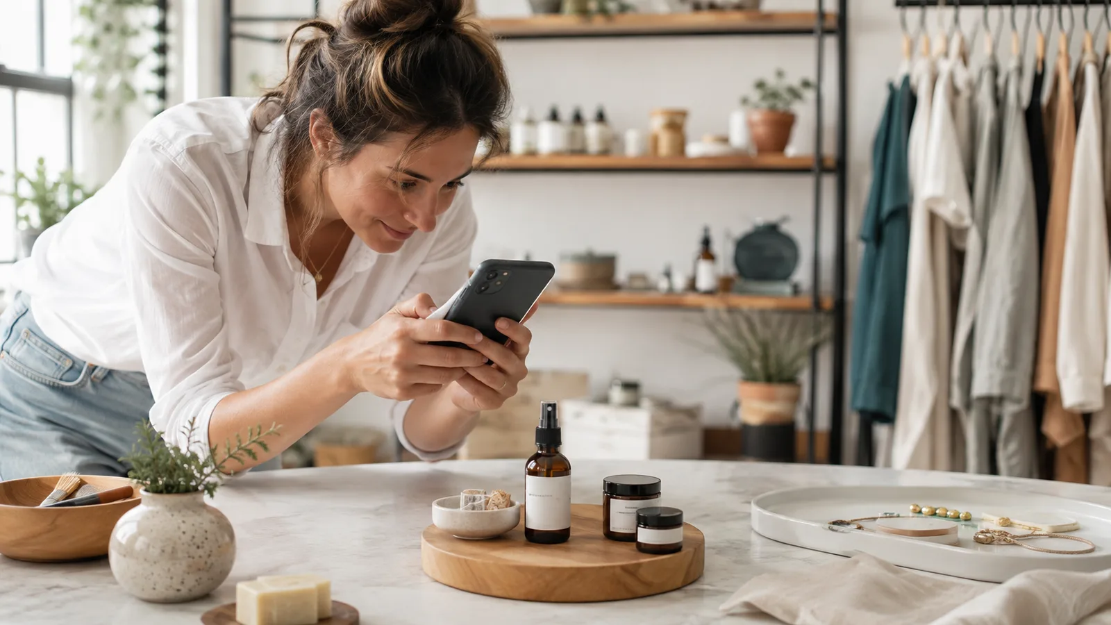 Startup owner photographing a product for a Facebook post on a phone