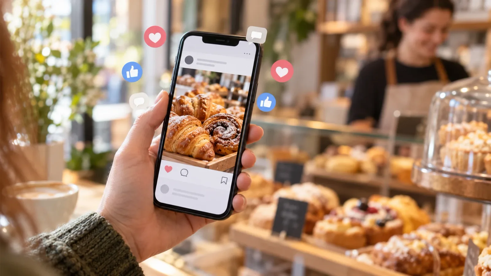 Smartphone showing a small business Facebook post collecting likes and comments