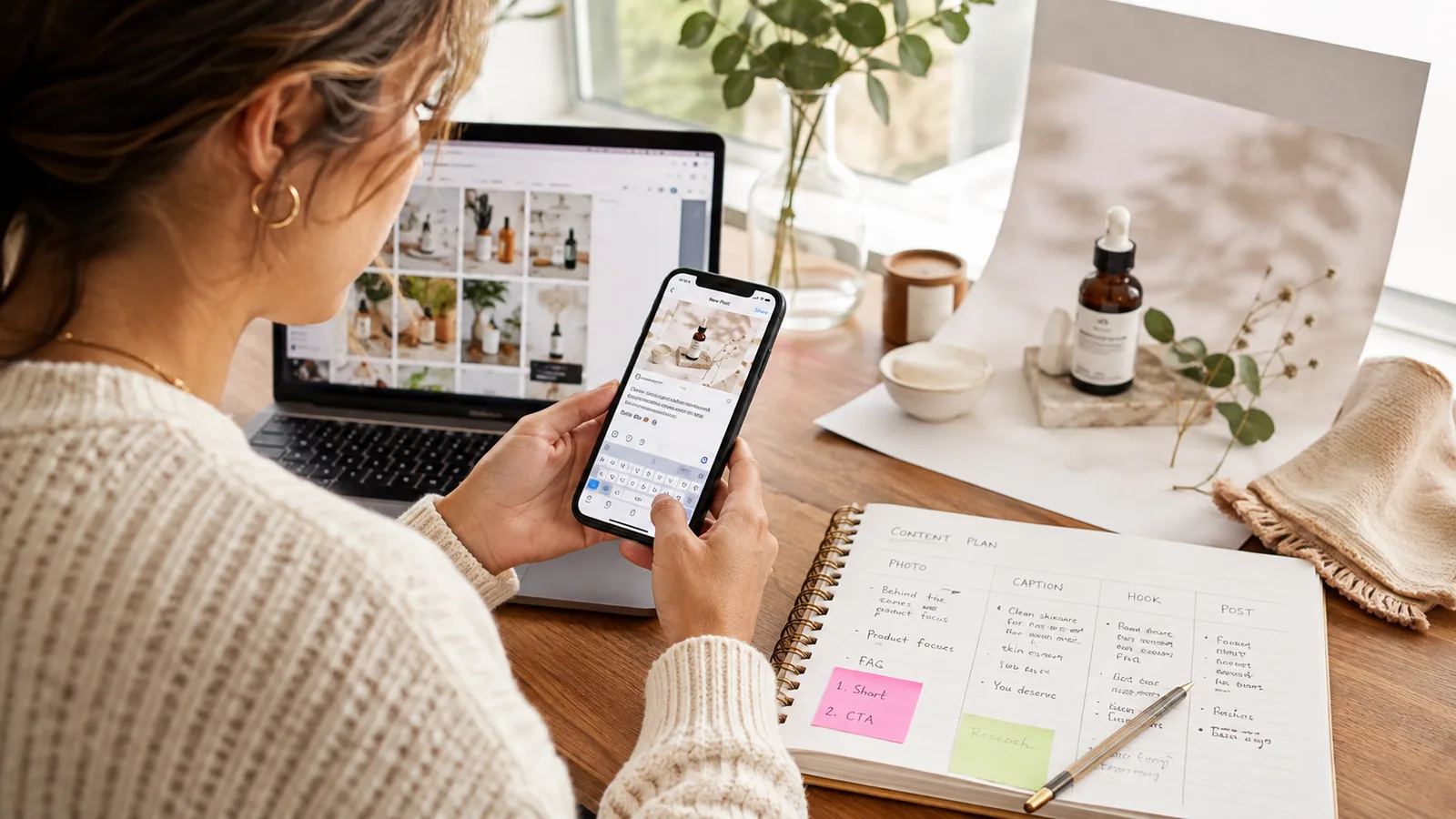 Marketer writing an Instagram caption on a phone next to a product photo
