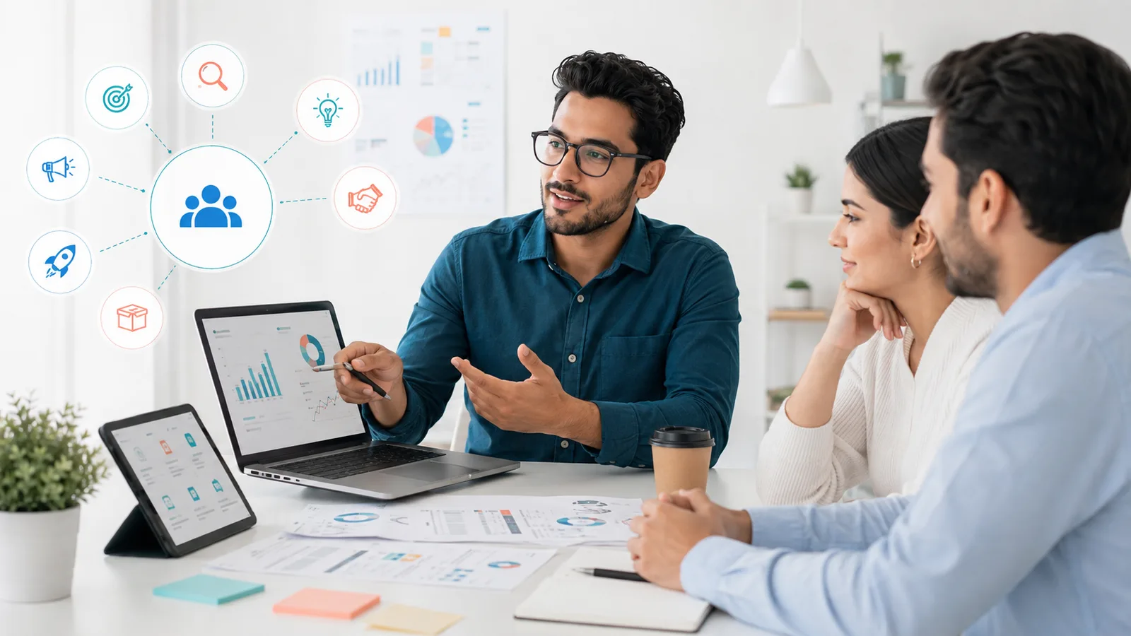 Marketing company leadership reviewing reseller program revenue growth on a monitor