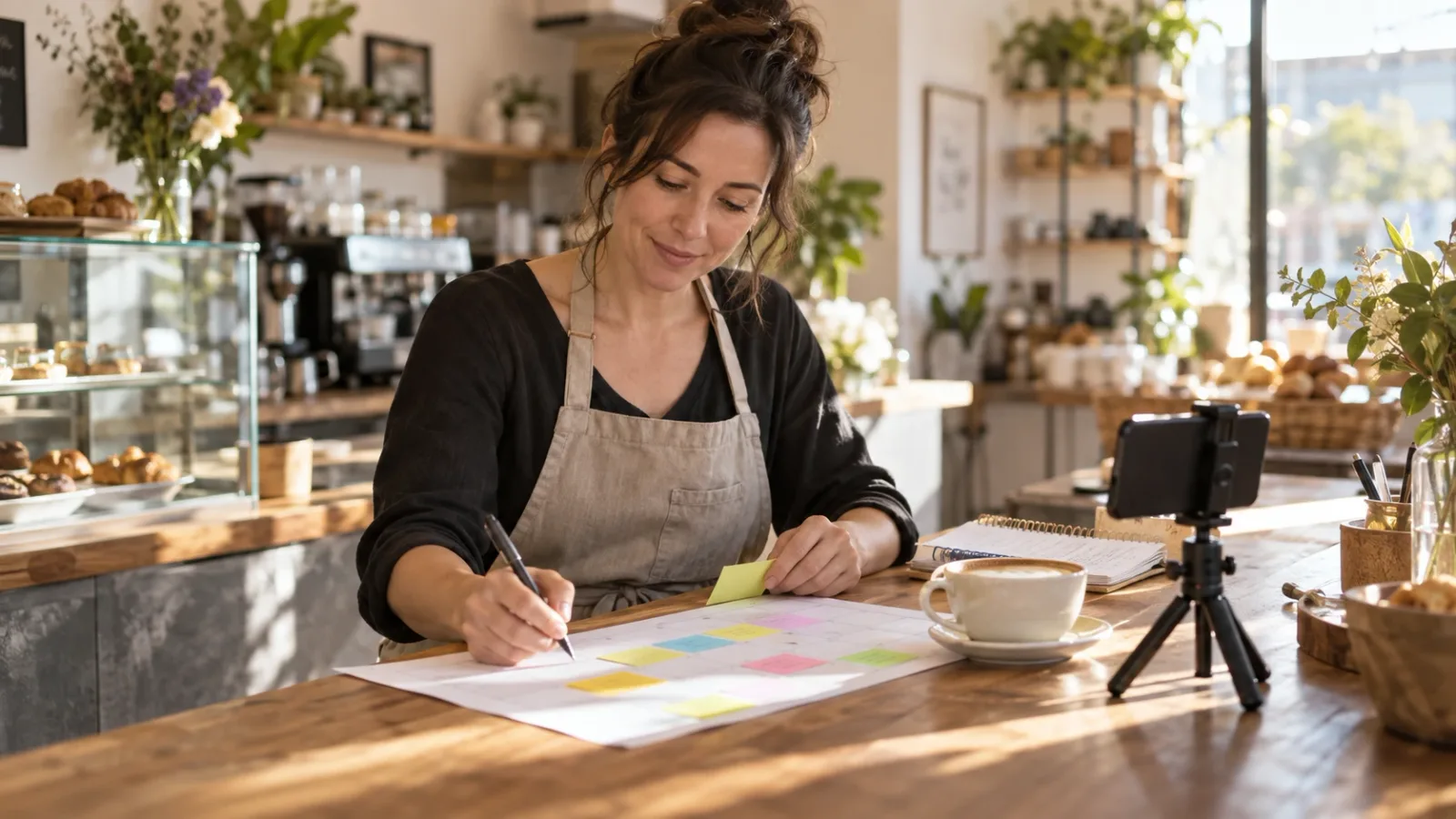 Small business owner planning a weekly social media content calendar at a desk with a phone and notebook