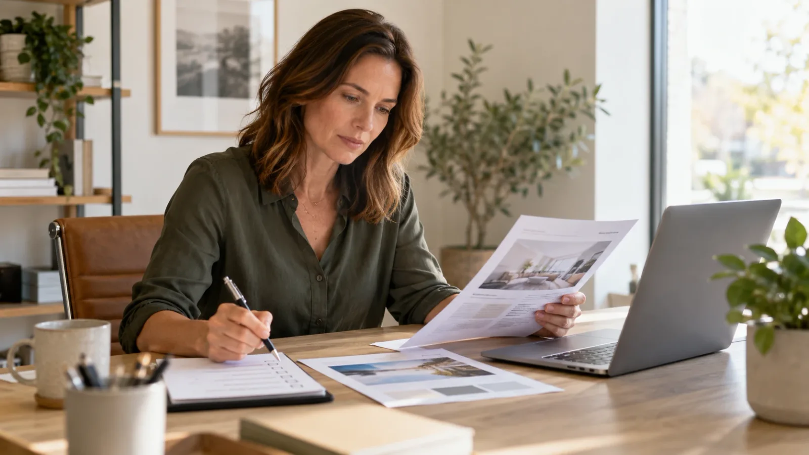 Business owner reviewing a checklist while comparing social media marketing company proposals on a laptop