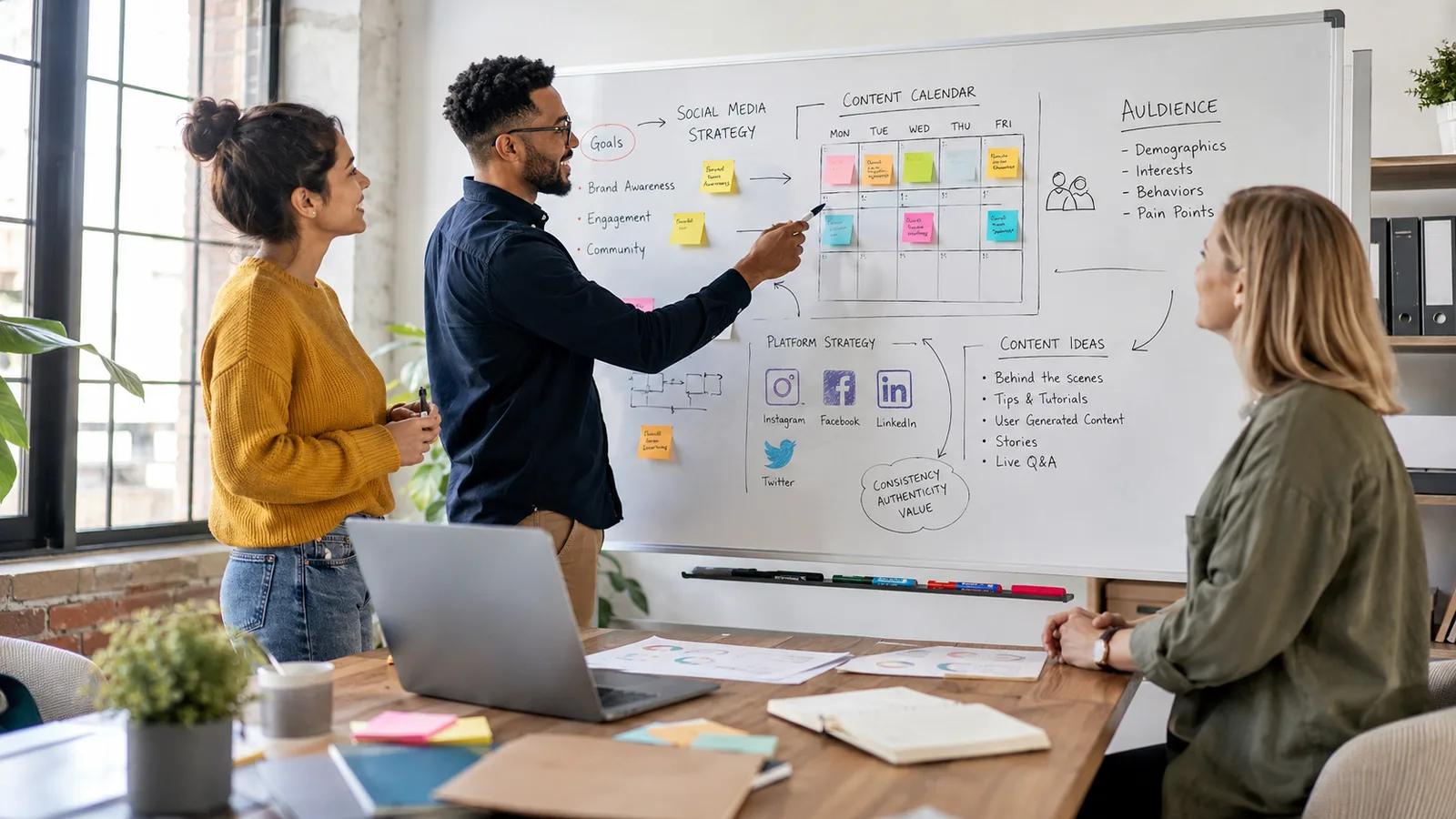 Small business team mapping out a social media marketing plan on a whiteboard