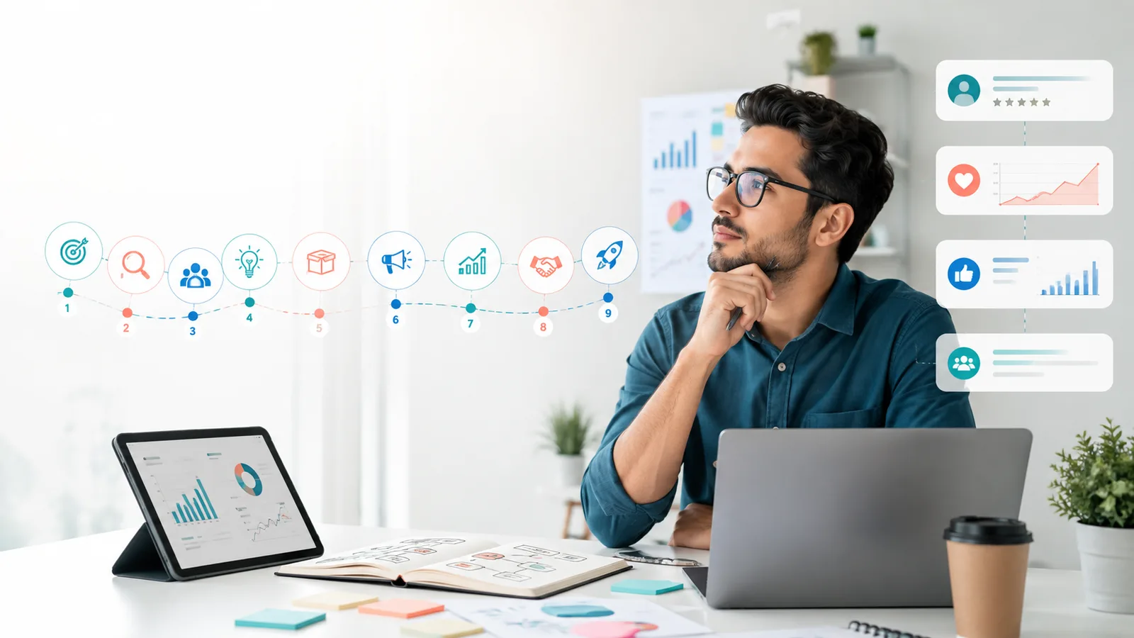 Agency founder mapping out the steps to launch a social media reseller agency at a desk