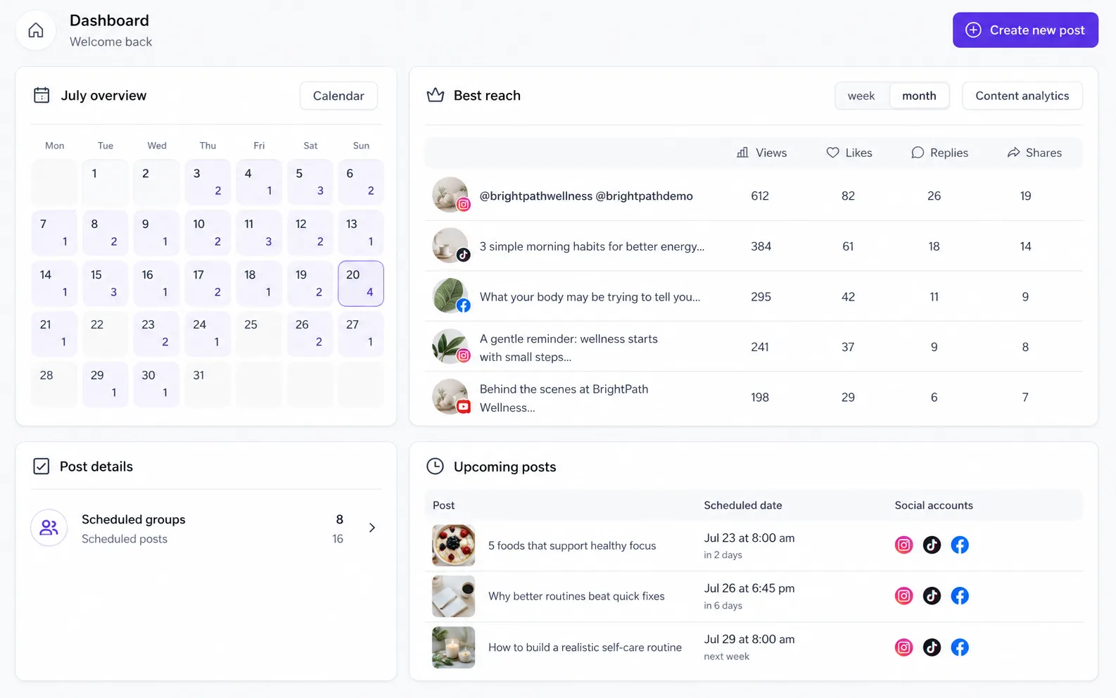 Scheduling dashboard with a monthly posting calendar, best-reach posts, and upcoming scheduled posts